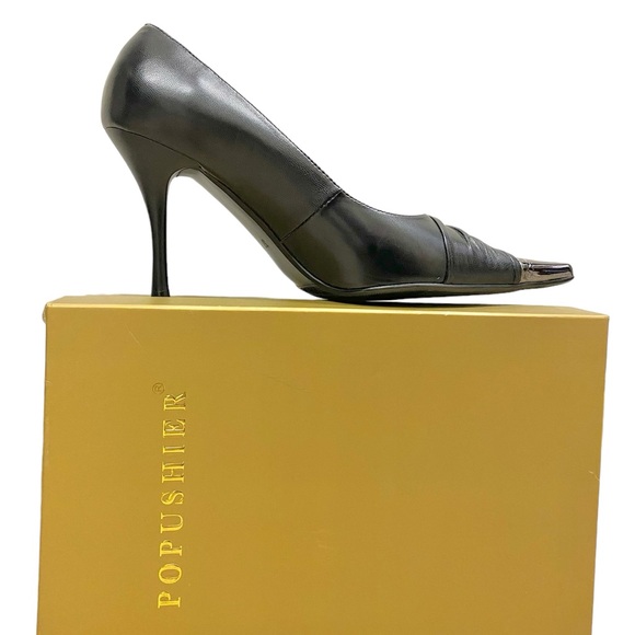 Popushier Vintage Couture Pattern Black Leather Heels - Picture 2 of 4